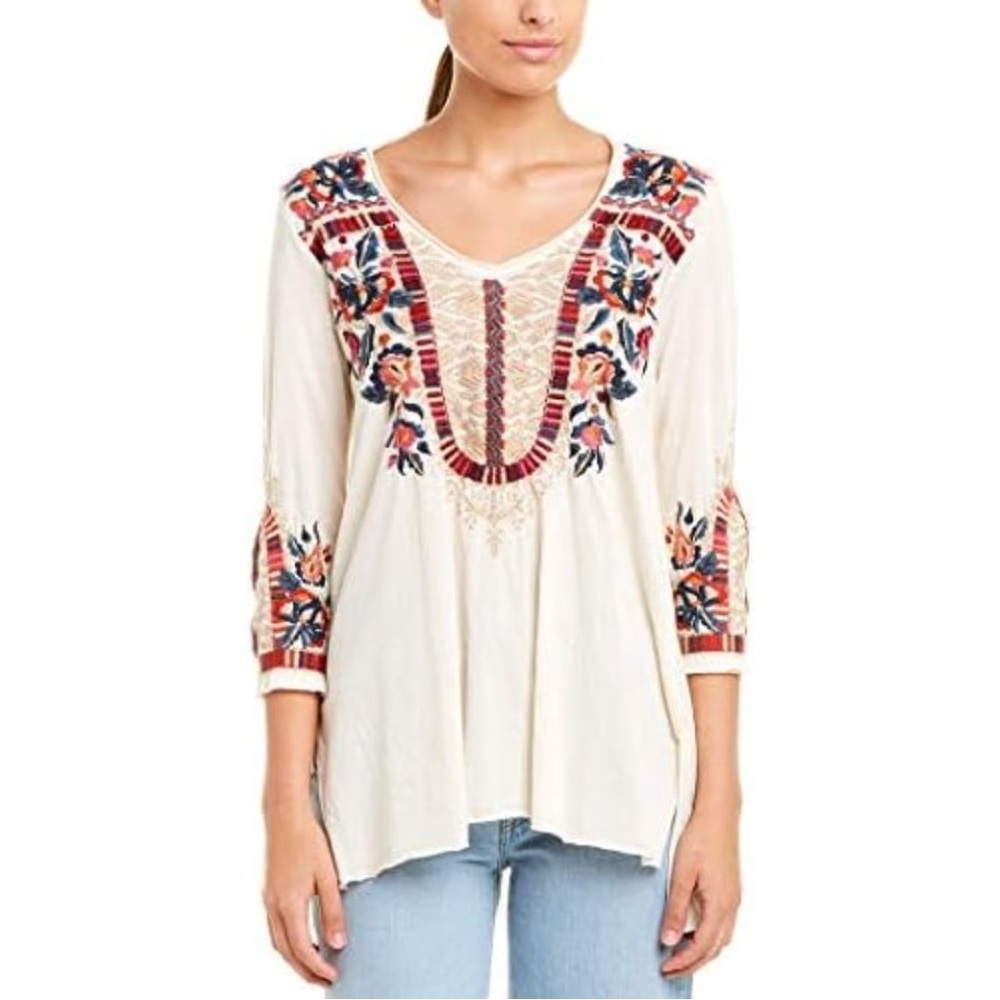 JOHNNY WAS Claude Embroidered Cotton Blend Cream Boho Tunic Top Size XL